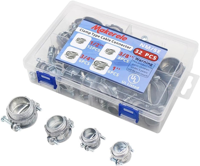 MAKERELE 32-Piece Assortment Kit of Clamp Type Cable Connectors - 1/2 Inch, 3/8 Inch,3/4 Inch, 1 Inch - UL Listed - Durable Zinc Alloy for Metallic Conduit and, NM and SE Cable - Image 1